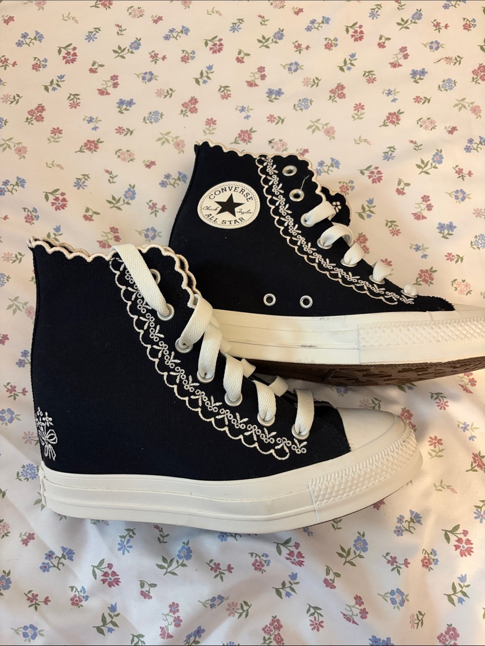 Converse Black High-Top Canvas Sneakers with White Scallop Embroidery